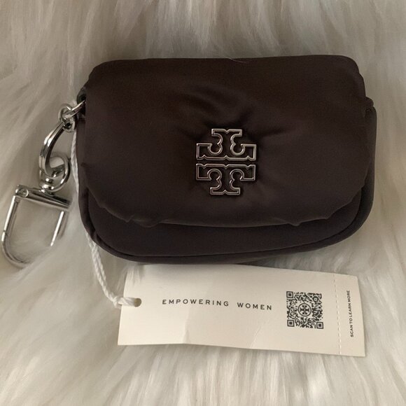 TORY BURCH Britten Nylon Puffy Card & Coin Case with Key Ring in Tempranillo - Picture 1 of 4